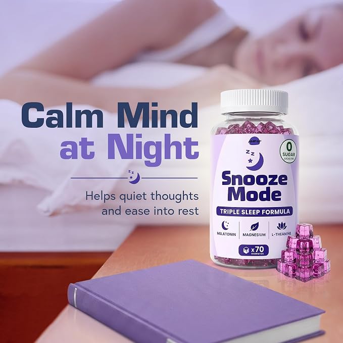 AmpUp Sleep Melatonin Sugar Free Gummies – 5mg Melatonin with Magnesium, L-Theanine & Vitamin B6, Nighttime Sleep Support Supplement, Vegetarian, Natural Grape Flavor – 70 Gummies (2)