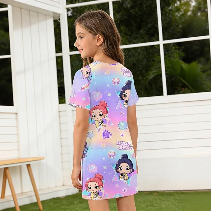 Girl's Anime K-POP Graphic Long Dress T-Shirt - Casual Loose Fit Short Sleeve Top