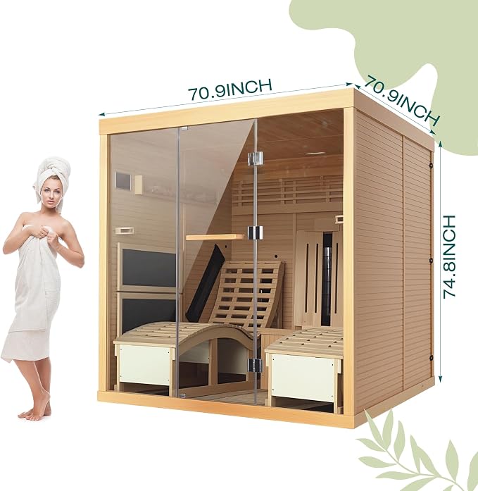 Infrared Sauna,2 Person Luxurious Indoor Sauna with Recliner, Wooden Sauna with 7-Color Starry Ceiling,9 Heating Tubes,5 Carbon Panels,2-in-1 Door Handle,Himalayan Salt Brick,220V