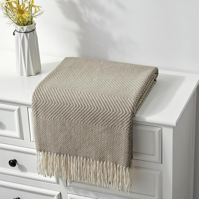 CREVENT 50"X60" Farmhouse Breathable Soft and Warm Classic Throw Blanket for Sofa Couch Bed, Faux Cashmere Home Decoration Throw with Tassles (Coffee)