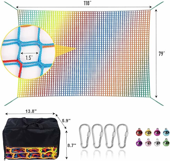 Climbing Net for Kids - 9.9FT x 6.6FT Double Layers Heavy Duty Playground Safety Net, Climbing Cargo Net for Tree House Tree Fort, Back Yard, Jungle Gyms, Monkey Bar Security Mesh（Rainbow）