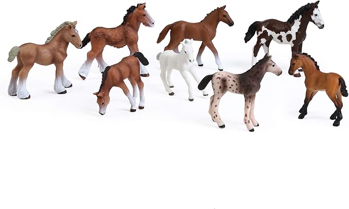UANDME 8PCS Realistic Foal and Horse Figurines, Plastic Pony Toys for Girls and Boys, Horse Club Cake Topper and Party Decoration