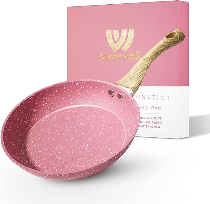 Innerwell 8-Inch Pink Nonstick Frying Pan Small Egg Pan Skillet | Even Heating All Stove Compatible, PFOA PFOS Free, Granite Stone Cookware Skillet, Healthy and Non Toxic