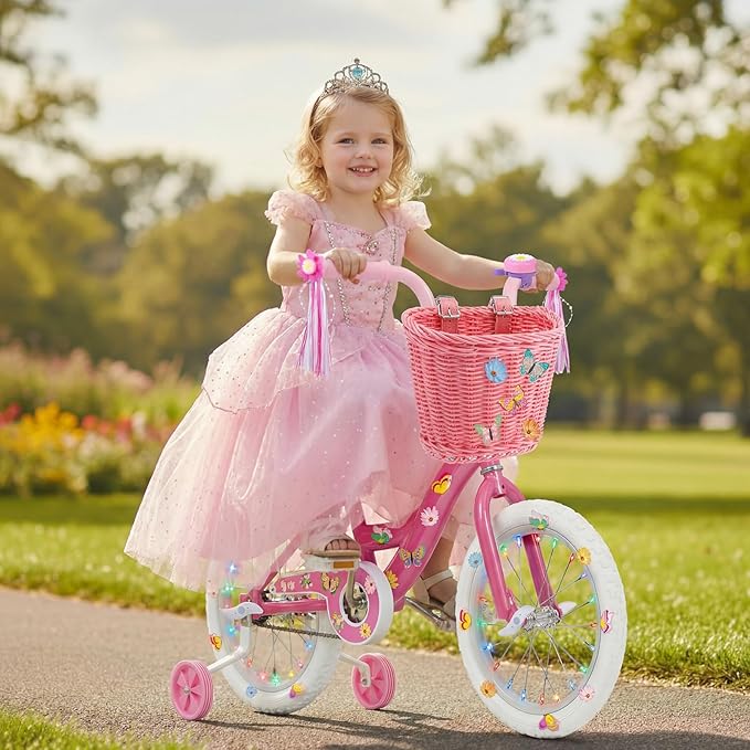 Timtin 27 Pcs Kids Bike Accessories for Girls Pink Bike Basket Flower Bell Bicycle Handlebar Streamers Tassel Butterfly Decoration Wheel Spoke Accessories for Girl Birthday Gift