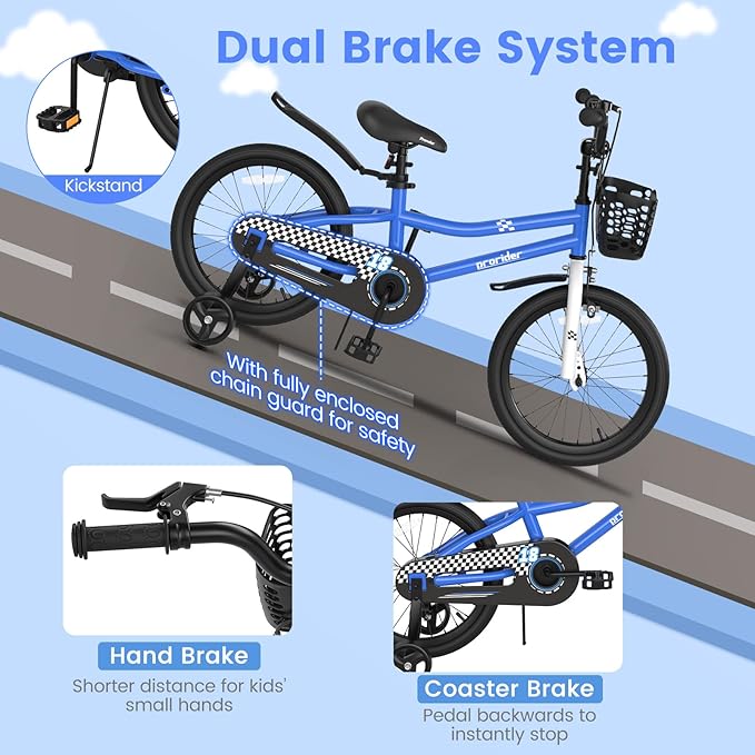 BABY JOY Kids Bike, 12 14 16 18 20 Inch Children Bikes for Boys Girls Teens 3-8 8+ Years w/Training Wheels or Kickstand, Handbrake, Coaster Brake & Removable Basket, Kids Bicycle of Multiple Colors
