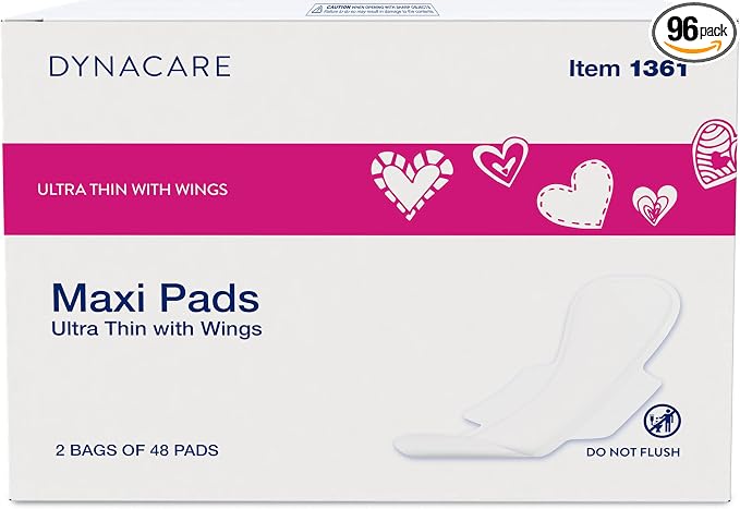 Dynarex Ultra Thin Maxi Pads with Wings - Light Absorbency Feminine Santiary Pads, Secure Fit, Leak-Free Protection, Unscented, Case of 2 Boxes, 48 per Box