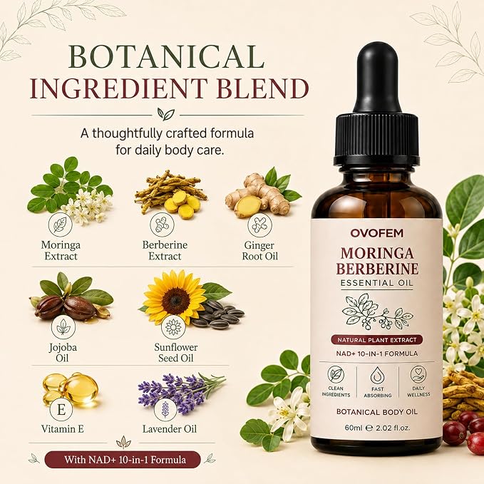 Ovofem Moringa Berberine Essential Oil, NAD+ 10-in-1 Botanical Body Massage Oil, Nourish and Smooth Skin, Fast-Absorbing Non-Greasy Formula, Daily Body Care Support, 2 fl oz