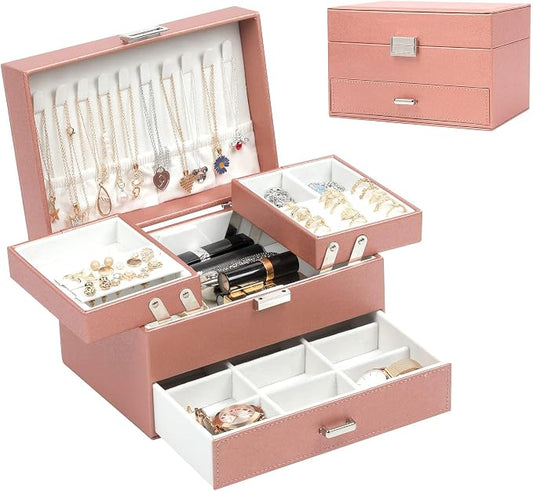 Jewelry Organizer Box, Large Jewelry Boxes for Women Girls, Space-Saving 3 Layers Jewelry Storage Case with Drawer, Movable Metal Stand, Modern, Gift Idea (Champagne)