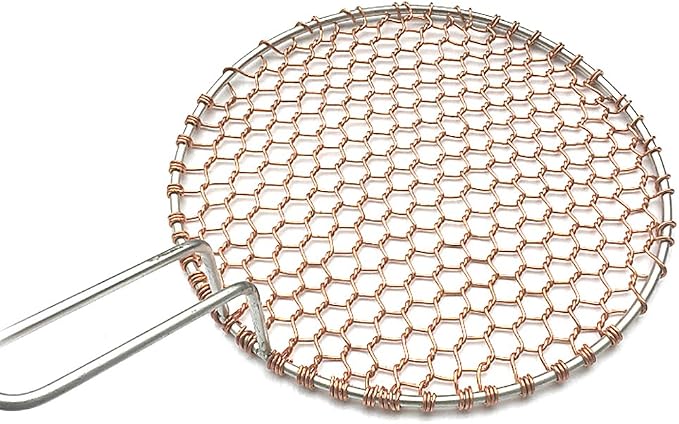 Copper Barbecue Grill Netting with Handle Round Barbecue Wire Mesh Steaming Cooling Baking Net for Korean BBQ