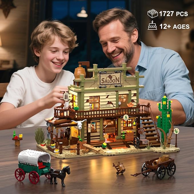 Western Saloon Building Set with LED Light, Wild West Building Block Toy 1727 PCS, Old West Construction Model with Horse Stable Carriage Cowboy Hat, House Building Kit for Adults Teens 12+