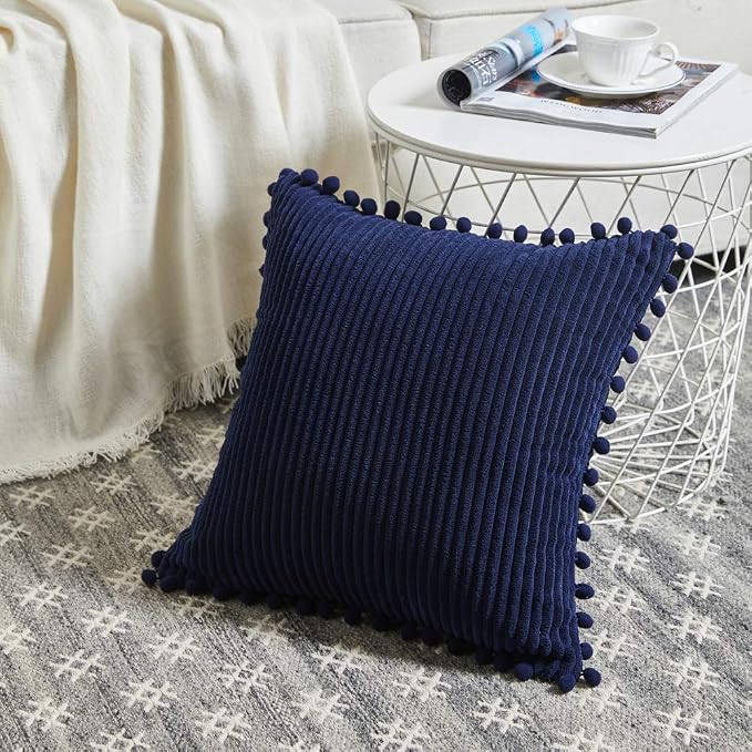 Fancy Homi Pack of 2 Corduroy Navy Blue Decorative Throw Pillow Covers with Pom-poms, Solid Square Cushion Case Pillow Cases Set for Couch Sofa Bedroom Car Living Room (18x18 Inch/45x45 cm, Navy Blue)