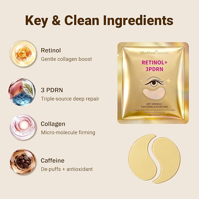 iMethod 3PDRN & Retinol Eye Patches, Hydrogel Under-Eye Masks for Dark Circles, Puffiness & Wrinkles, with Hyaluronic Acid & Collagen – Self-Care Gift for Women, Travel, 8 Pairs