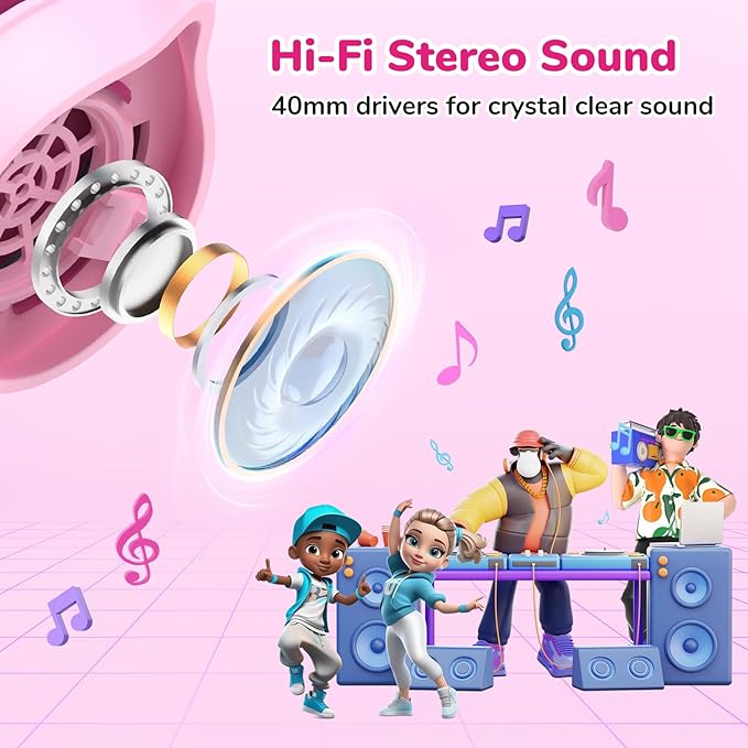EarFun S1 Kids Headphones, Foldable Wired Headphones for Kids, 85dB Volume Limit, Stereo Sound, Adjustable Headband, Portable Lightweight On-Ear Headphone for School/Travel/Boys/Girls/PC, Pink