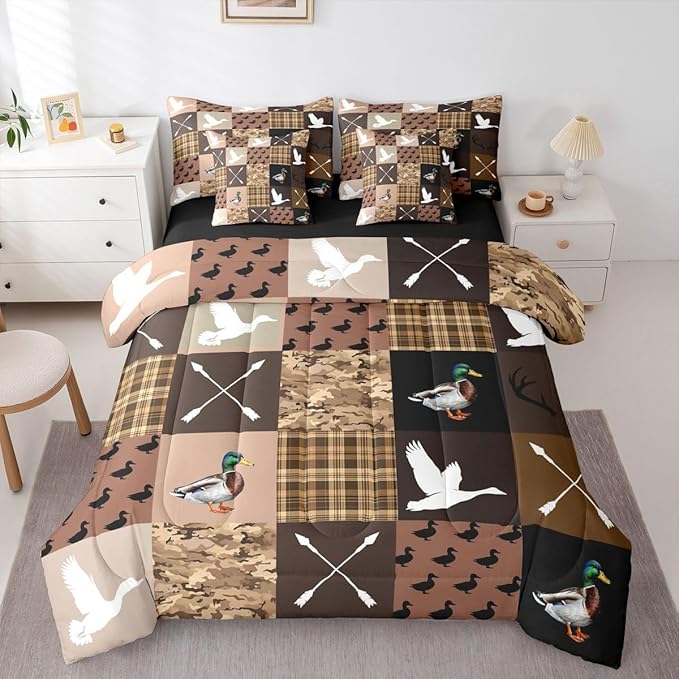 Feelyou Brown Hunting Camo Comforter Set with Sheets 7 Piece King Size Camouflage Duck Bedding Set for Kids Boys Girls Wild Animal Hunter Bed in a Bag Room Decor Soft Lightweight Microfiber