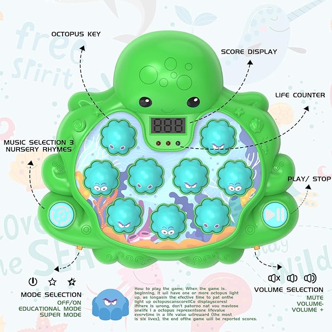 Octopus Vitality Strike Game, Educational Musical Whack-A-Mole Toy with 2 Game Modes, Digital Score Display, Ages 2+ (Green)