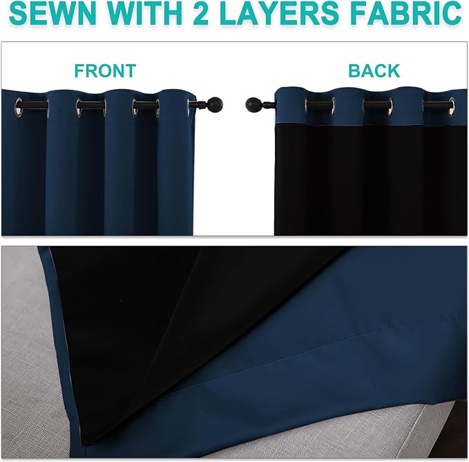 NICETOWN 100% Blackout Blinds, Set of 2, 46 inches x 102 inches, Laundry Room Decor Window Treatment Curtains for Large Patio Sliding Door, Thermal Insulated Moroccan Blue Curtains for Bedroom