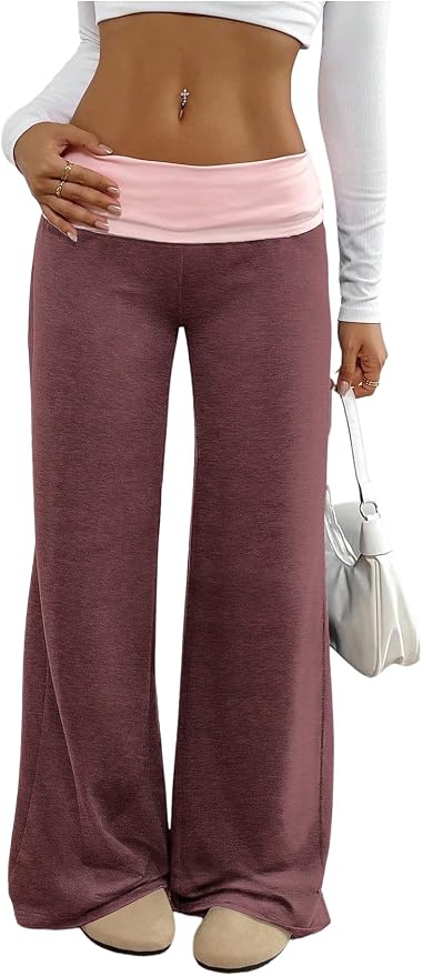 SOLY HUX Women's Sweatpants Color Block Low Rise Fold Over Waist Baggy Wide Leg Pants