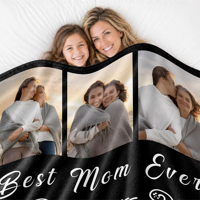 Gifts for Mom Custom Blanket with 9 Photo & Text, Personalized Birthday Blanket with Picture for Mother, HD Printing Customized Flannel Throw Blanket Gifts for Best Mom Ever