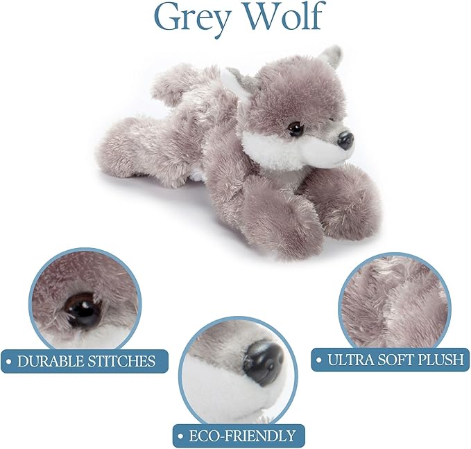 The Petting Zoo Grey Wolf Stuffed Animal Plushie, Gifts for Kids, Scoopz Wildlife Animals, Wolf Plush Toy, 8 inches