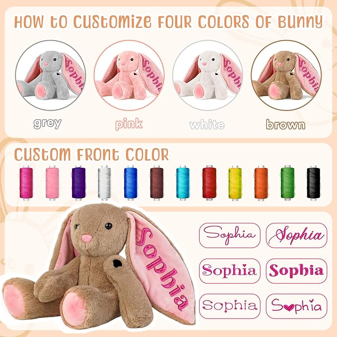 Personalized Bunny Plush for Kids Custom Bunny with Embroidered Name, Stuffed Animal for Toddler 1-3+ Girls Boys Bunnys Plush Toys Personalized Baby Newborn Kids Gifts for First Birthday Easter