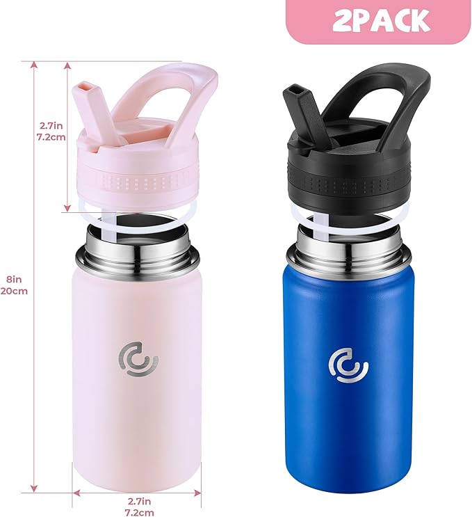 2 Pack Kids Water Bottle,14oz Stainless Steel Insulated Water Tumbler Leak-Proof,School Water Mug,Small and Portable,Suitable for Boys and Girls to Use(Pink + Blue)