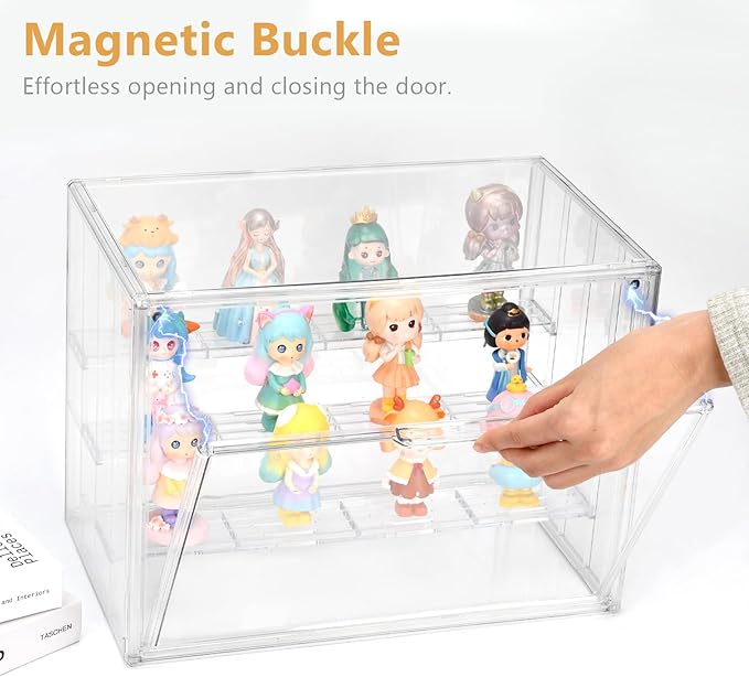 4 Tiers Clear Ddisplay Cases for Collectibles, Acrylic Storage Organizers Box with Magnetic Door, Desktop Clear Showcase with 3 Adjustable Divider Storage Box for Action Figure