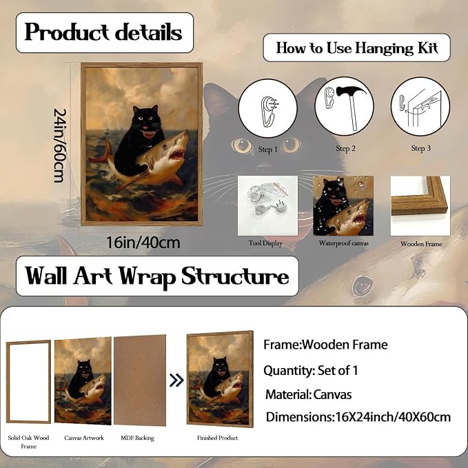 Funny Black Cat Riding Shark Wall Art Whimsical Bar Cart Wall Decor Picture Eclectic Shark Ocean Poster Canvas Painting Prints for Bedroom Living Room 16x24 inch Framed