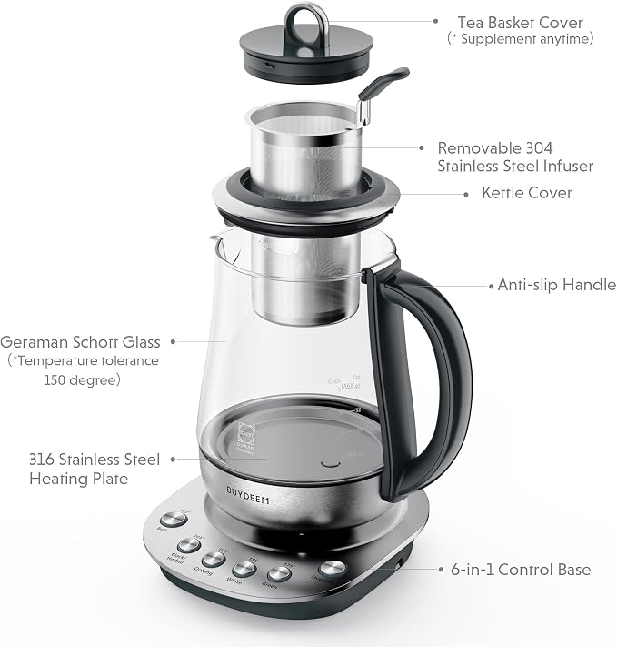 BUYDEEM K2423 Tea Maker, 316 Stainless Steel & Heat Resistant DURAN Glass Electric Kettle, 5 Temperature Settings, Removable Infuser, Auto Keep Warm, 1.2L