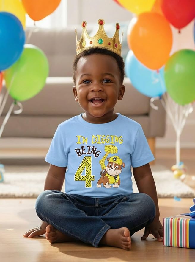 Paw Patrol Rubble Digging Being 4 T-Shirt for Toddler Boys - 4th Birthday Outfit with Construction Bulldozer Theme