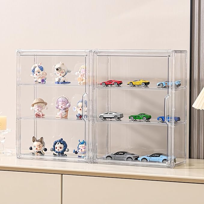2 Pack 3 Tier Clear Display Case for Figures, Wall-Mounted Acrylic Storage Organizer Box, Stackable Display Cabinet with Magnetic Door & Removable Shelves, Showcase for Collectibles, Figures