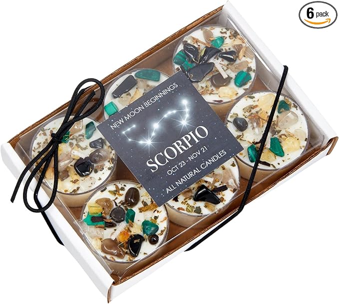 Scorpio Zodiac Candle (Oct. 23 - Nov. 21) - Soy Candle - All Natural Aromatherapy Candle - Scorpio Horoscope Candle - Crystal Candles - Set of 6 Tealights