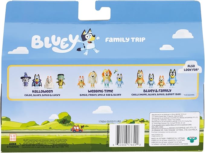 Bluey Figure 4-Packs, Family Trip, 2.5 Inch Poseable, Bingo, Bandit and Chilli, with Accessories, Kids Can Recreate Their Favorite Moments