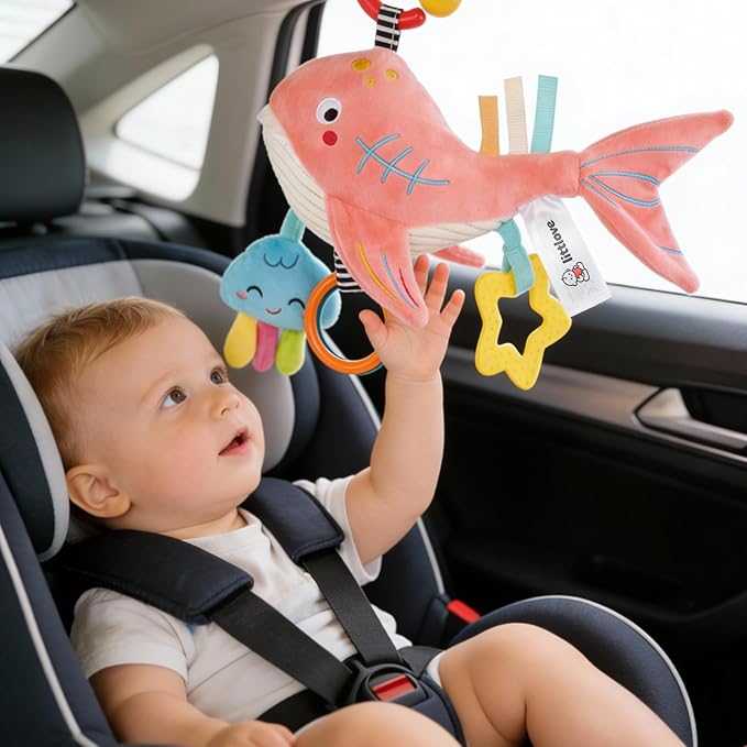 Musical Baby Toys for Car Seat 6-12 Months, Travel Sensory Toy 3-6 Months, Montessori Plush Toys for Roadtrip with Teether Crinkle Textures Clackers Squeaky Pulling Cords Newborn Infant Valentine Gift