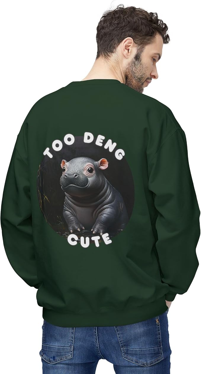 Unisex Fleece Crewneck Sweatshirt - Too Deng Cute Moo Deng Hippo, Cozy Cotton Blend, Classic Relaxed Fit
