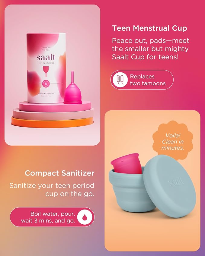 Saalt Teen First Period Kit - Includes Leakproof Period Underwear, Menstrual Cup, Menstrual Cup Wash, Compact Sanitizer, Feminine Wipes, Storage Bag, Saalt Stickers & Period Care 101 Booklet - X-Large