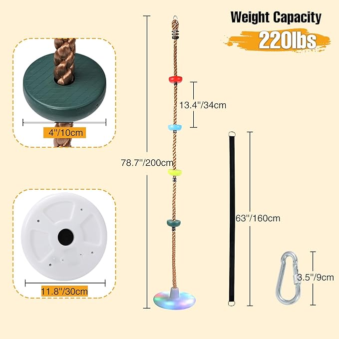 REDCAMP LED Climbing Rope Swings and Rope Ladder Cambo for Trees, Heavy Duty Plastic Disc Swing Seat for Kids with Hanging Strap and Snap Hooks