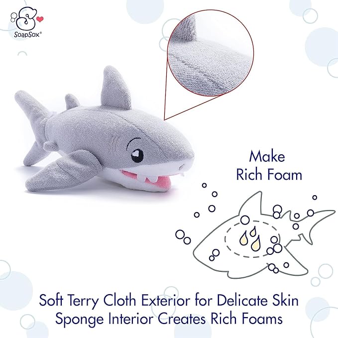SoapSox Kids Exfoliating Bath Scrub (Tank the Shark) - Soft Animal Toy Wash Cloth Sponge with Soap Pocket Insert - Fun Loofah Characters for Babies, Kids and Children