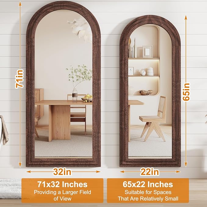 ZHUNFA External Three-Layer Arched Full Length Mirror with Solid Wood Frame | 65x22 Modern Farmhouse Decor Standing Mirror Full Length, Wall Mounted, Leaning, Standing for Bedroom, Living Room, Brown.