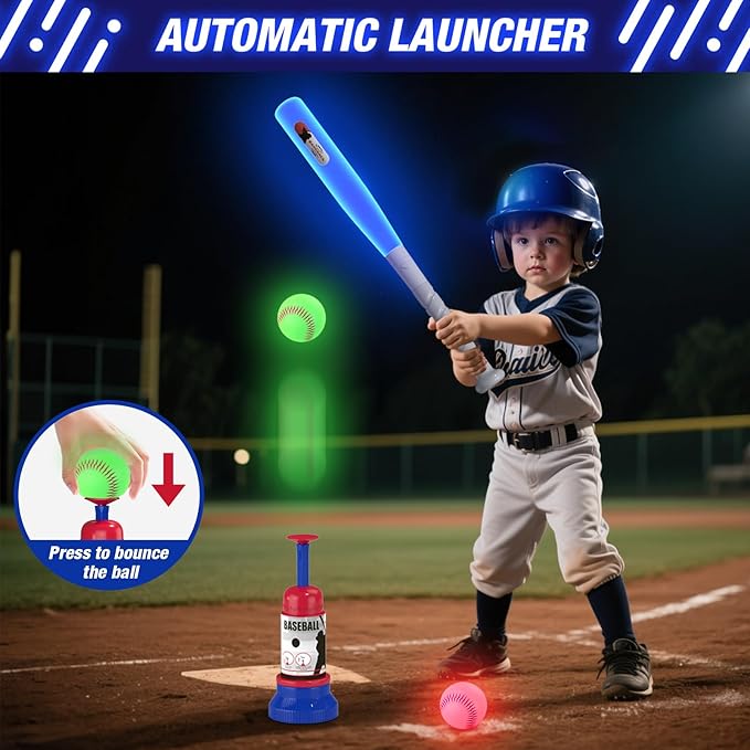 HYES 3-in-1 LED Baseball Set for Kids 3-5 - Tee Ball Stand, Hanging Tee, Ball Launcher and 4 Softballs - Adjustable Height, Indoor/Outdoor Sport Gifts for Boys Girls, Blue