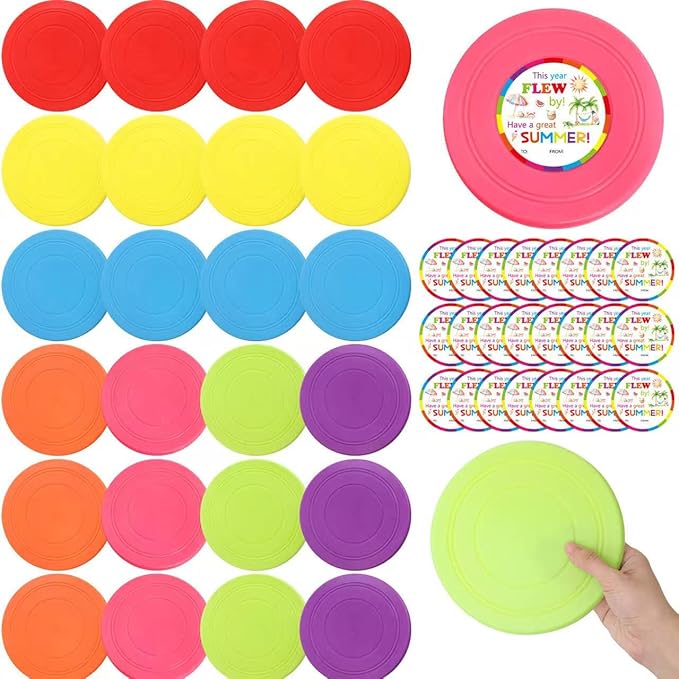 ceiba tree 24 Pcs End of Year Student Gifts from Teacher 7 inch Flying Disc Rubber Flyer Disks with Cards End of School Year Summer Gifts Bulk for Students Lawn Sport for Beach