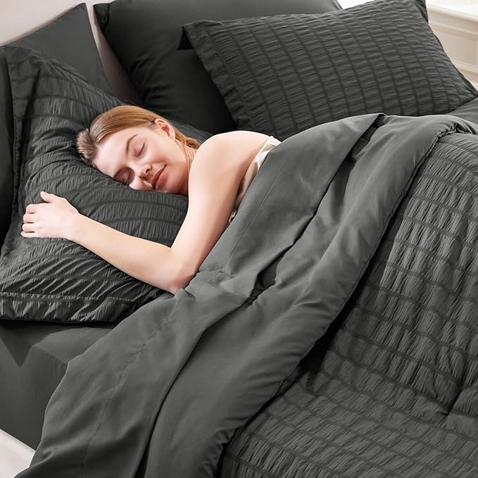 CozyLux California King Comforter Set with Sheets 7 Pieces, Dark Grey Seersucker Bed in a Bag Cal King Luxury Soft Bedding Sets with Down Alternative Comforter, Sheets, Pillowcases & Shams, Dark Gray
