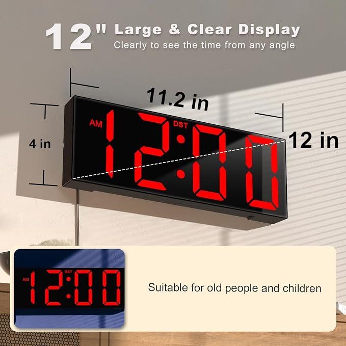 JALL Digital Wall Clock Large Display with Big LED Numbers, Remote Control, 8 RGB Colors, Auto DST, Night Light for Classroom Living Room Bedroom Birthday Gift for Senior, Men Women, Red