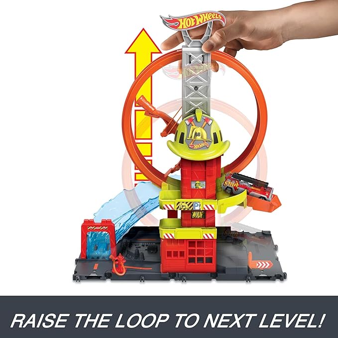 Hot Wheels City with 1 Toy Car, Kid-Powered Elevator, Water-Like Ramp, Track-Play Features, Connects to Other Sets, Fire Station with Super Loop (Amazon Exclusive)