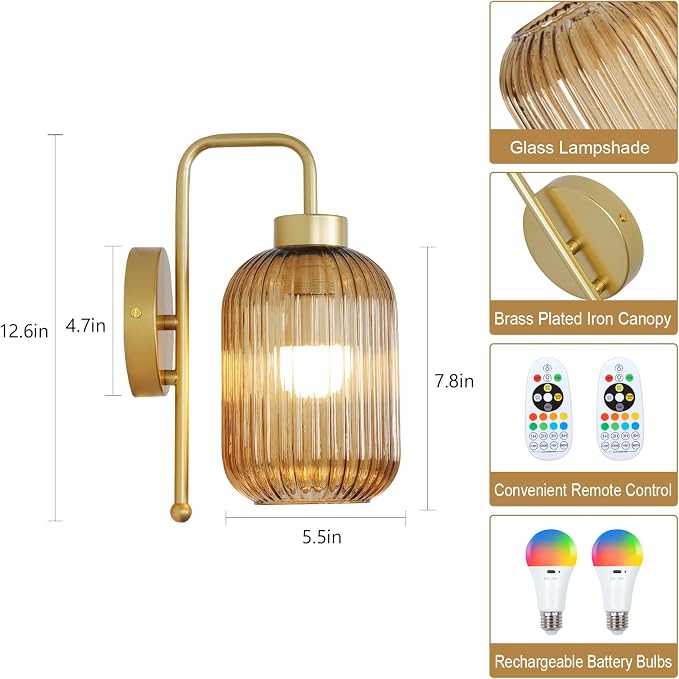 LAMSU Vintage Gold Wireless Wall Sconces Battery Operated, Rechargeable Wall Lights Set of 2 with Amber Stripe Glass Shade, Remote and Bulb, Cordless Sconces Wall Decor for Bedroom Living Room