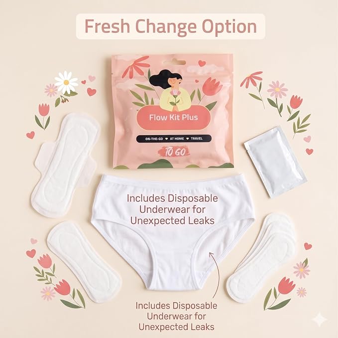 Flow Kit Plus | Bulk Period Kit with Disposable Underwear, Maxi Pads, Pantiliners and Feminine Wipe for Schools