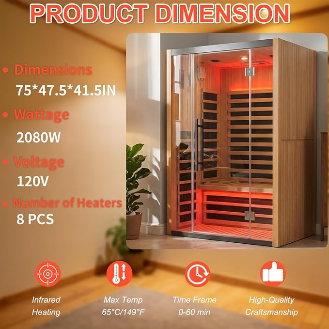 Home Infrared Sauna Room 1 Person Wooden Canadian Hemlock 1260W Low Magnetic Graphene Carbon Plate Heater Indoor Saunas (2-3 Person 47.24 * 41.34 * 74.8in)