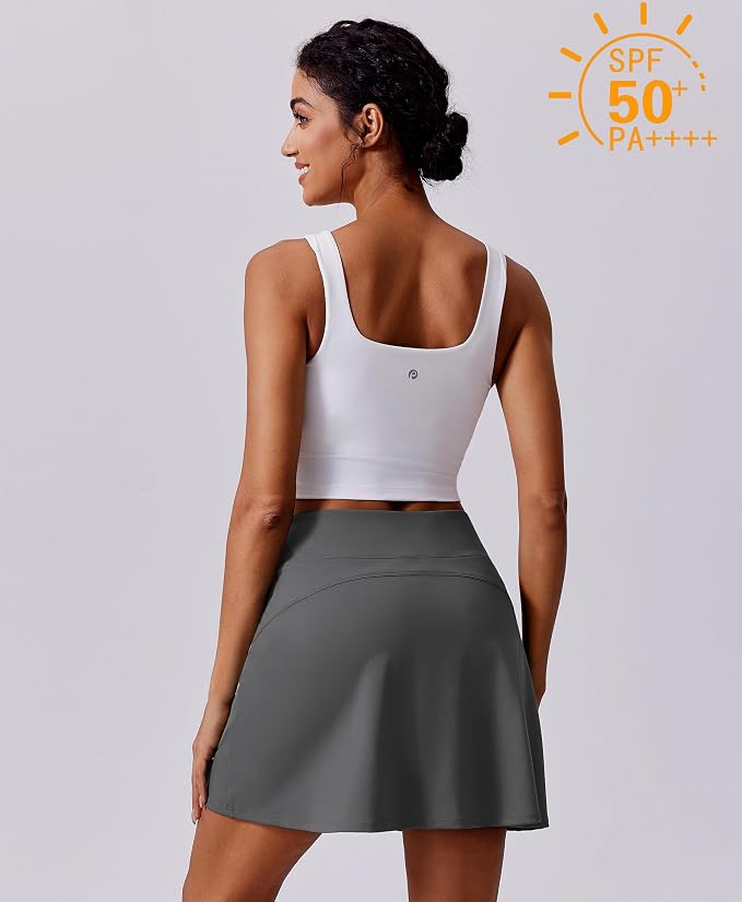PINSPARK 17" Golf Skorts for Woman High Waisted Tennis Skirt with 4 Pockets | Lightweight, Quick Dry, 4-Way Strecth, Breathable, Tummy Control, UPF 50+ Athletic Skort for Workout, Pickleball, Gym, Casual