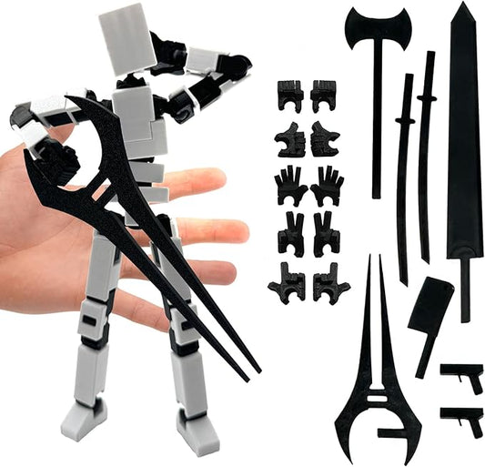 (Assembly Completed) 3D Printed Enlarge Body Size 8.13-inch Action Figure Lucky20, Full Body Mechanical Movable Toy, Multiple Accessories, Desk Decoration (White)