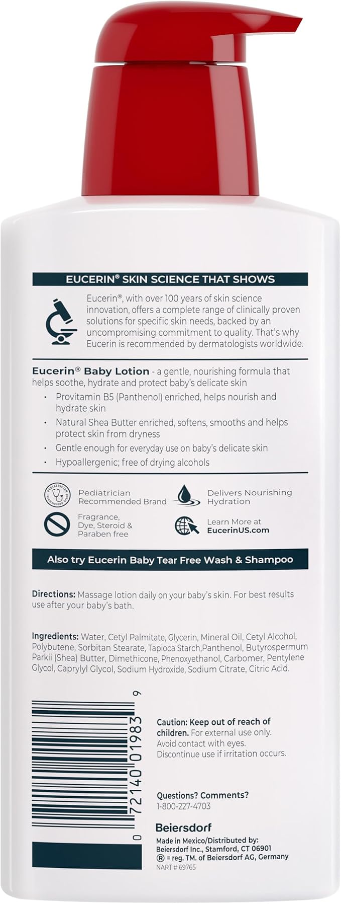 Eucerin Baby Body Lotion, Hypoallergenic and Fragrance Free Baby Lotion with Pro-Vitamin B5 and Shea Butter, 13.5 Fl Oz Bottle