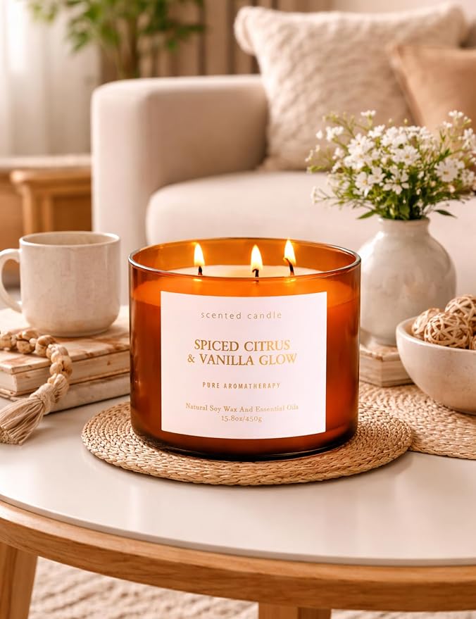 Spiced Citrus & Vanilla Glow Scented Candle | 3-Wick Large Soy Candle 15.8 oz | Highly Scented Cinnamon Aromatherapy Candle for Women & Men | Warm Cozy Home Scent | Clean Burn Long Lasting